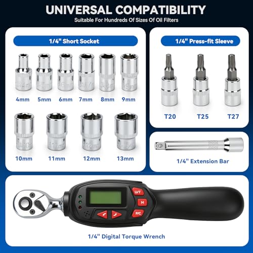 DISEN 1/4 inch Digital Torque Wrench Set with 13pcs Sockets & Extension Bar, 5-25 N.m / 3.7-18.4 Ft.lb, ±2% Accuracy, 3 Modes (Track/Peak/Pre), 5 Units, LED & Buzzer, for Auto Motorcycle Bike DIY - size: 1/4 inch