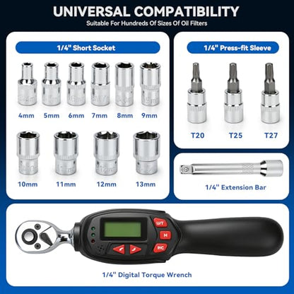 DISEN 1/4 inch Digital Torque Wrench Set with 13pcs Sockets & Extension Bar, 5-25 N.m / 3.7-18.4 Ft.lb, ±2% Accuracy, 3 Modes (Track/Peak/Pre), 5 Units, LED & Buzzer, for Auto Motorcycle Bike DIY - size: 1/4 inch