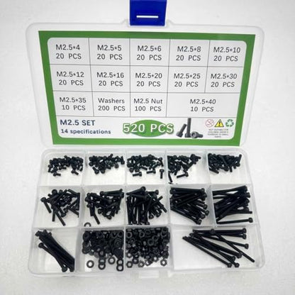 Button Head/Hex Socket/Phillips Flat Head Screws Assortment - Furniture, Auto, Home Repair Fastener Kit (520 PCS M2.5 Hexagon Screws Set - Black) - color: 520 PCS M2.5 Hexagon Screws Set - Black