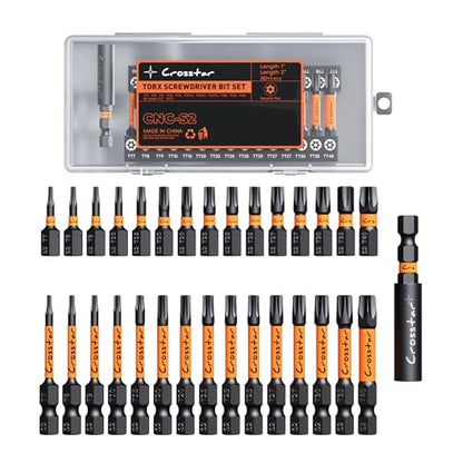 Crosstar 31 Pcs 1“&2"" Impact Torx Bit Set, S2 Steel Magnetic Security Star Bits, Tamper Proof Torx Screwdriver Bits with CNC Tips for Drill/Driver, Automotive, Woodworking & Home Repair - size: T7-T40 (1IN & 2IN)