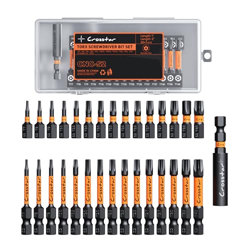 Crosstar 31 Pcs 1“&2"" Impact Torx Bit Set, S2 Steel Magnetic Security Star Bits, Tamper Proof Torx Screwdriver Bits with CNC Tips for Drill/Driver, Automotive, Woodworking & Home Repair - size: T7-T40 (1IN & 2IN)