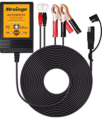 Smart Battery Charger, Mroinge 6V / 12V 1.5A Fully Automatic Trickle Charger/Maintainer for Motorcycle, ATV, Lawnmowers and More
