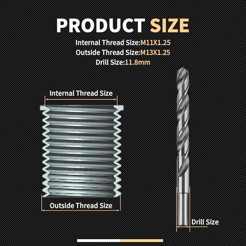 M11X1.25X28.2MM Thread Repair Kit with Insert HSS Drill, Tap, Counterbore, Installation Driver, Metric, 10PCS Stainless Steel Insert M11X1.25X28.2MM