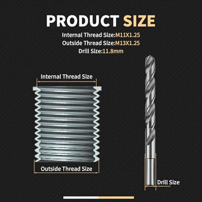 M11X1.25X28.2MM Thread Repair Kit with Insert HSS Drill, Tap, Counterbore, Installation Driver, Metric, 10PCS Stainless Steel Insert M11X1.25X28.2MM