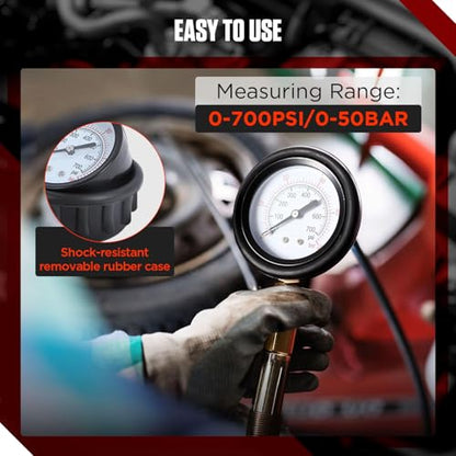 Compression and Leakage Test Kit 47PCS Petrol & Diesel Engine Compression Tester Automotive Cylinder Leak Down Tester Kit with Dual Gauge Engine Compression Tester Kit for HDi, TDCi, Pumpe Duse Engine