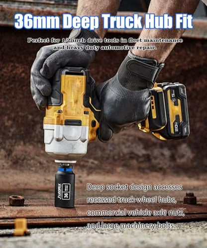 36mm Deep Impact Socket 1/2" Drive CR-MO Steel 6-Point | CR-MO steel impact socket set. 1/2" drive, 6-point design. Deep reach for lug nuts & axle nuts. - size: 36mm