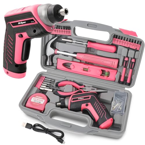 Hi-Spec 35-Piece Tool Kit with 3.6V USB Small Electric Screwdriver Set, Pink Drill Set for Women, Tool Kit for Home - color: Pink, size: 35 Pieces