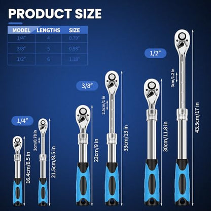 3-Piece Extendable Ratchet Set, 1/4" 3/8" 1/2" Drive 72-Tooth Quick-Release Reversible Socket Wrench with Soft Grip Handle & Storage Tray, CR-V Steel for Auto Repair & DIY - size: Extendable Ratchet