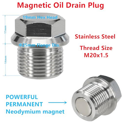 1PC M20x1.5 Stainless Steel Magnetic Engine Oil Drain Plug Fit for Subaru 08-14 Tribeca Forester Impreza Legacy WRX STI, Replace 32103-KA000 with Gasket 11126-AA000 - size: M20x1.5