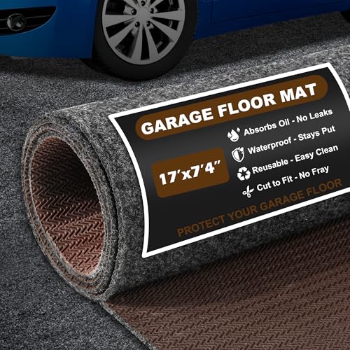 Non-Slip Garage Floor Mat, 17' x 7.4' Heavy Duty Under Car Parking Mat, Waterproof Oil Spill Containment Mat, Cuttable Reusable Garage Protector Mat for Concrete Floor