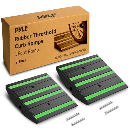 Pyle 1 Ft. Rubber Threshold Curb Ramp - Heavy Duty Non-Slip Rubber, Easy Mounting with Expansion Screws, Green Reflective Strips - Ideal for Driveways, Sidewalks, and Vehicle Ramps - 12.0"x16.0"x 2.6" - color: Green, size: Pack of 2
