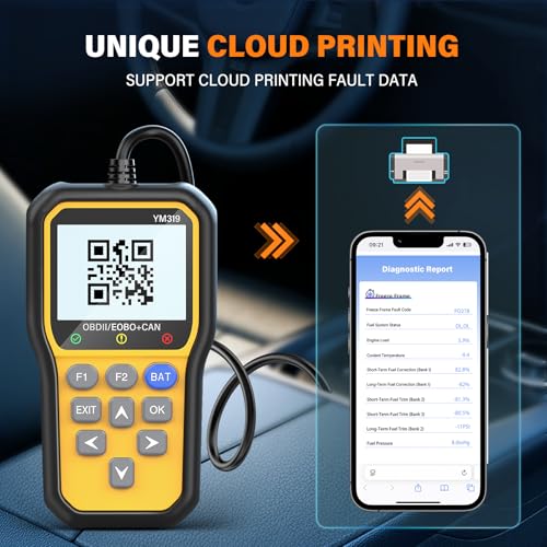 BluSon YM319 OBD2 Scanner Diagnostic Tool with Battery Tester, Check Engine Fault Code Reader with Live Data, Cloud Printing, DTC Lookup, Freeze Frame, Scan Tool for All OBDII Protocol Cars Since 1996 - color: Yellow