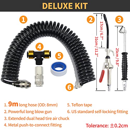 iBroPrat Air Blow Gun Kit,Heavy Duty Air Seat Blow Gun Kit for Semi Truck Air Hose with 30FT Long Coil and Extended Dual Head Tire Air Chuck Black - color: black