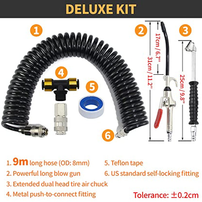 iBroPrat Air Blow Gun Kit,Heavy Duty Air Seat Blow Gun Kit for Semi Truck Air Hose with 30FT Long Coil and Extended Dual Head Tire Air Chuck Black - color: black