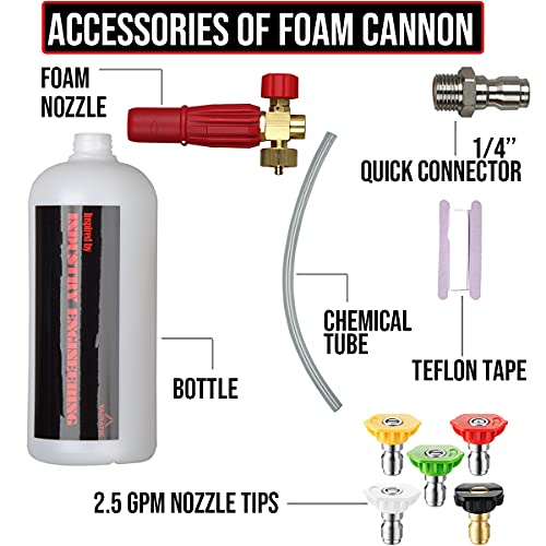 YAMATIC Heavy Duty Foam Cannon Professional Car Wash Pressure Washer Jet Wash 1/4" Quick Connect Adjustable Snow Foam Lance with 5 Nozzle Tips