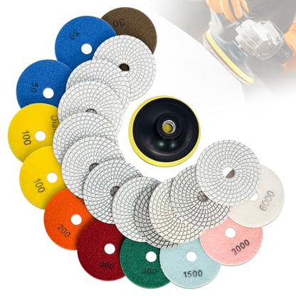 Diamond Polishing Pads Set 6 Inch Tile Wet Dry Polishing Pads Kit | Including 5/8-11 Backer Pad for Drill Grinder Polisher,30-6000 Grit Granite Stone Concrete Marble Polish 12 pcs - size: 6-inch