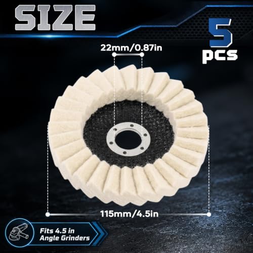 NOOTEASS 5 Pack Wool Felt Flap Polishing Disc Wheel, 4-1/2" x 7/8" Arbor High Density Wool Buffing Pads for Angle Grinder Marble Metal Stone Stainless Steel Furniture Glass, Mirror Finish