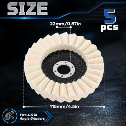 NOOTEASS 5 Pack Wool Felt Flap Polishing Disc Wheel, 4-1/2" x 7/8" Arbor High Density Wool Buffing Pads for Angle Grinder Marble Metal Stone Stainless Steel Furniture Glass, Mirror Finish