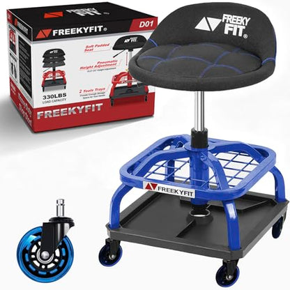 Rolling Stool with Blue Wheels,Heavy Duty Garage Work Mechanic Rolling Shop Stool with Backrest, Adjustable Height 360°Swivel Roller Mechanic Chair with 2 Tool Trays, 330 LBS Capacity - color: Blue Stool With Blue Casters