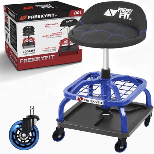 Rolling Stool with Blue Wheels,Heavy Duty Garage Work Mechanic Rolling Shop Stool with Backrest, Adjustable Height 360°Swivel Roller Mechanic Chair with 2 Tool Trays, 330 LBS Capacity - color: Blue Stool With Blue Casters
