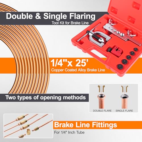 1/4" Brake Line Repair Kit, Double & Single Brake Line Flaring Tool Kit + 2 Set 25ft 1/4 Inch Brake Line with 80 Pcs Fittings(6 Unions Included) + Brake Line Bender - size: 1/4"