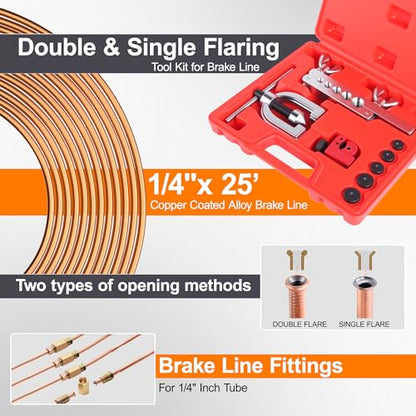1/4" Brake Line Repair Kit, Double & Single Brake Line Flaring Tool Kit + 2 Set 25ft 1/4 Inch Brake Line with 80 Pcs Fittings(6 Unions Included) + Brake Line Bender - size: 1/4"