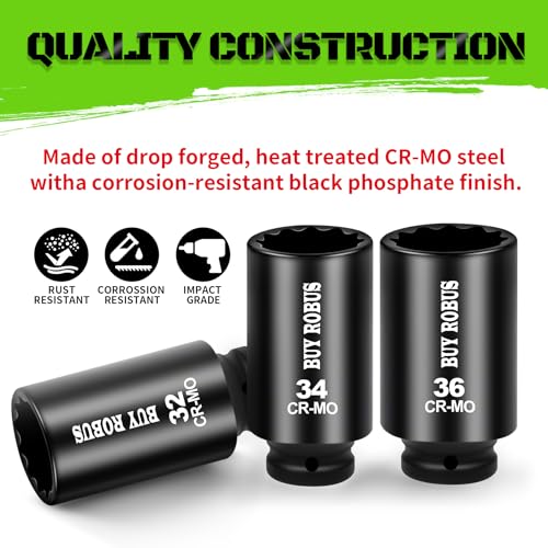 1/2 Drive Deep Axle Nut Impact Socket Set,12 Point Socket Set Metric, CR-MO, 30mm, 32mm, 34mm, 36mm, 4-Piece 1/2" Heavy Duty Socket Set (12 point can also be used at 6 point) - size: 12 Point 4Pcs 1/2" Metric Impact Socket Set