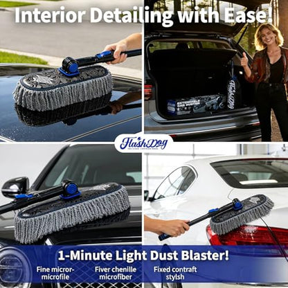 Flash Dog Microfiber Car Duster Exterior - Scratch Free | Waterless Cleaning Brush for Cars/SUV/Truck Roofs, Windshields | Telescopic Aluminum Alloy Handle - color: Gray