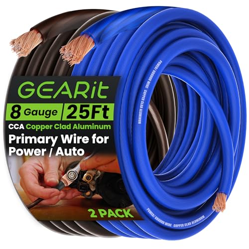 GEARit 8 Gauge Wire 25 ft, 8 AWG Battery Cable CCA, Copper-Clad Aluminum Power Ground Cable for Car Audio Amp, Automotive, RV - color: 8 Gauge Wire, size: Black/Blue - 25ft Each