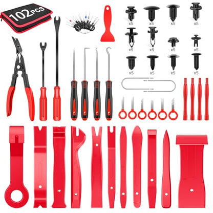GOOACC 102Pcs Trim Removal Tool Set | Auto Push Pin Nylon Bumper Clip Set Terminal Remover Tool Round Crowbar Panel Remover Kit Car/Radio Panel - color: 42Pcs Remover + 60Pcs Clips, size: 42Pcs Remover + 60Pcs Clips