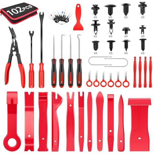 GOOACC 102Pcs Trim Removal Tool Set | Auto Push Pin Nylon Bumper Clip Set Terminal Remover Tool Round Crowbar Panel Remover Kit Car/Radio Panel - color: 42Pcs Remover + 60Pcs Clips, size: 42Pcs Remover + 60Pcs Clips
