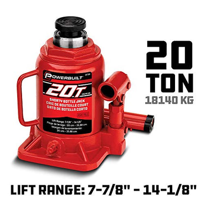 Powerbuilt 20 Ton Shorty Bottle Jack, Heavy Duty 40000 Pound Vehicle Hydraulic Lift with Stable Base, Pin Release, Stubby - 647504 - size: 20 Ton, Shorty