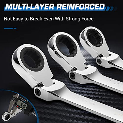 DISEN Extra Long Flex Head Ratcheting Wrench set, 6Pcs Double Box End Long Reach Ratchet Wrench Set Metric 8-19mm, CRV Steel, with Pouch, Gifts for Father, Man - style: Single Jointed Set