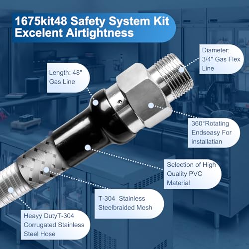1675KIT48 Safety System Kit, 48" Mobile Gas Hose Connector Kit with 2 Elbows and 3/4 Quick Disconnect 3/4 Gas Flex Line, Gas Line Hose for Kitchen Equipment Full Port Gas Valve,Restraining Device.