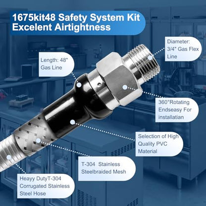 1675KIT48 Safety System Kit, 48" Mobile Gas Hose Connector Kit with 2 Elbows and 3/4 Quick Disconnect 3/4 Gas Flex Line, Gas Line Hose for Kitchen Equipment Full Port Gas Valve,Restraining Device.
