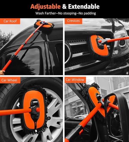 YeewayVeh 55" Car Wash Brush Mop, Extendable Long Handle, Orange | 15° Curved Extension Pole, Extra Microfiber Mop Head, Scratch-Free Auto Cleaning Kit for Truck, SUV & RV - color: Orange
