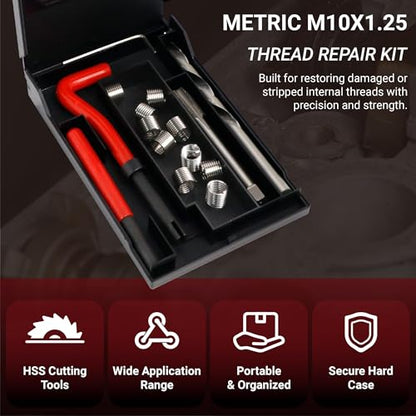 M10×1.25 Helicoil Thread Repair Kit, Thread Repair Tool with HSS Drill Bit & Thread Inserts, Metric Thread Repair Installation Kit for Rethreading Internal Threads with Carry Case