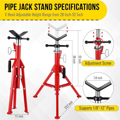 V Head Pipe Jack Stand, Heavy Duty Pipe Stand, 2500LB Jack Stands Carbon Steel with Portable Folding Legs 28-52 Inch Height Adjustable 1/8"-12" Capacity - color: Red