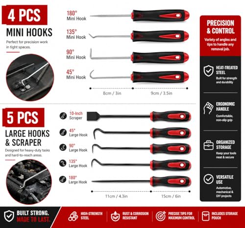 11-Piece Automotive Hook and Pick Set – Precision Pick Tool Kit with Magnetic Pickup Tool, Trim Remover & Storage Pouch for O-Rings, Seals, Hoses, Clips and Auto Repair