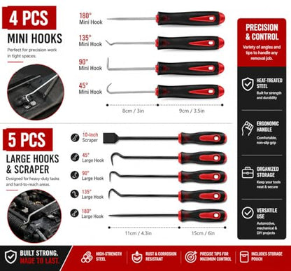 11-Piece Automotive Hook and Pick Set – Precision Pick Tool Kit with Magnetic Pickup Tool, Trim Remover & Storage Pouch for O-Rings, Seals, Hoses, Clips and Auto Repair