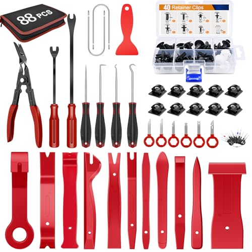 GOOACC 88Pcs Trim Removal Tool, Auto Push Pin Bumper Retainer Clip Set Fastener Terminal Remover Tool Adhesive Cable Clips Pry Kit Car Panel Radio Removal Auto Clip Pliers - color: 48Pcs Remover +40Pcs Clips