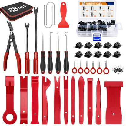 GOOACC 88Pcs Trim Removal Tool, Auto Push Pin Bumper Retainer Clip Set Fastener Terminal Remover Tool Adhesive Cable Clips Pry Kit Car Panel Radio Removal Auto Clip Pliers - color: 48Pcs Remover +40Pcs Clips
