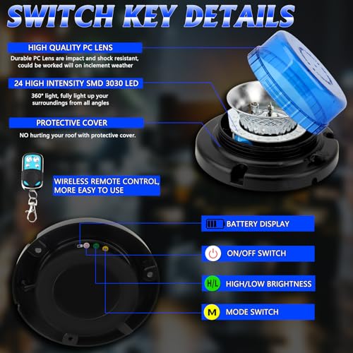 Remote Control Beacon Light, Rechargeable Wireless Blue Flashing Lights with Magnetic, High Low Brightness, 15 Modes Strobe Lights for Snowplow Tow Work Trucks Tractor - color: Blue