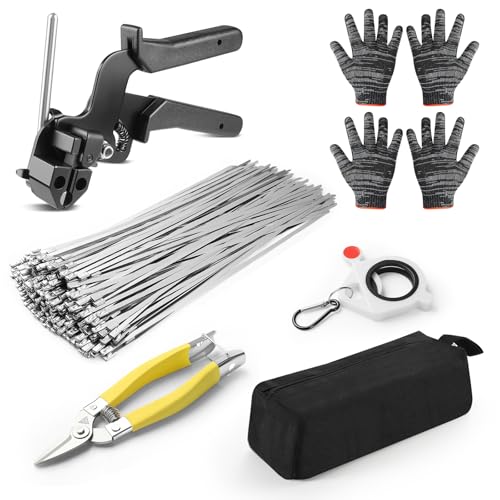 Stainless Steel Cable Tie Gun Kit, 300PCS 11.8 Inch Metal Zip Ties Heavy Duty with Cutting Tool, Self Locking Cable Tie Set for Fence, Exhaust, Pipe, Automotive & Outdoor Bundling Repair