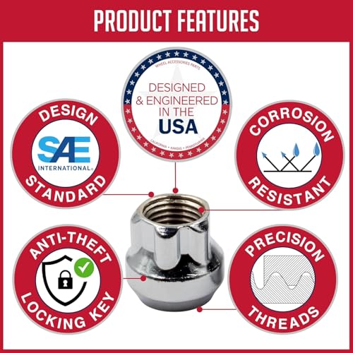 Wheel Accessories Parts 5 Locks + Key M14x1.5 14x1.5 Thread Open End 0.83" Long Locking Wheel Lug Nuts Lock Chrome Dual Hex Key 13/16" and 3/4" Hex Fits Most 2018+ Jeeps - color: Chrome