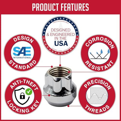 Wheel Accessories Parts 5 Locks + Key M14x1.5 14x1.5 Thread Open End 0.83" Long Locking Wheel Lug Nuts Lock Chrome Dual Hex Key 13/16" and 3/4" Hex Fits Most 2018+ Jeeps - color: Chrome