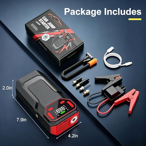 10-in-1 Jump Starter with Air Compressor,5000A Battery Jump Pack 150PSI | Jump Box((All Gas/12L Diesel) ),Spark-Proof & Reverse Polarity Protected, Portable Tire Inflator,LED Light