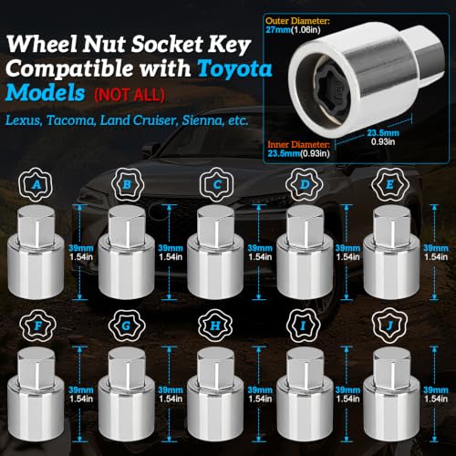 Wheel Lock Removal Kit,A -J Wheel Lock Key for Toyota | 10 PC Locking Lug Nut Key Compatible with Toyota, Lexus, Tacoma, Anti Theft Lug Nut Removal Tool for Wheel Lock Nuts Removing - color: Model Kit