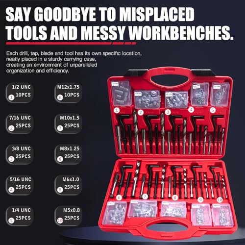 Helicoil Thread Repair Kit 262 Pc Metric & SAE Helicoil Repair Kit Includes M5 M6 M8 M10 M12 1/4" 5/16" 3/8" 7/16" 1/2" Kit with Thread Gauge - size: 10 sizes, style: Metric & SAE Set, 262 pcs