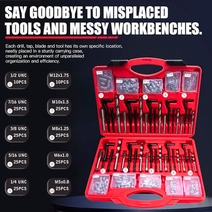 Helicoil Thread Repair Kit 262 Pc Metric & SAE Helicoil Repair Kit Includes M5 M6 M8 M10 M12 1/4" 5/16" 3/8" 7/16" 1/2" Kit with Thread Gauge - size: 10 sizes, style: Metric & SAE Set, 262 pcs